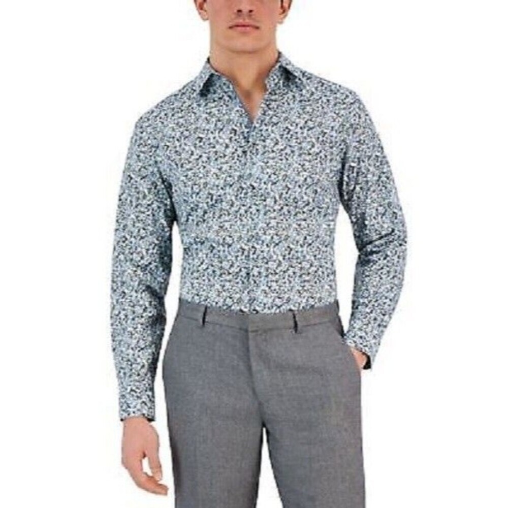 Bar III Mens Arte Slim-Fit Floral-Print Dress Shirt Long Sleeve Olive Blue